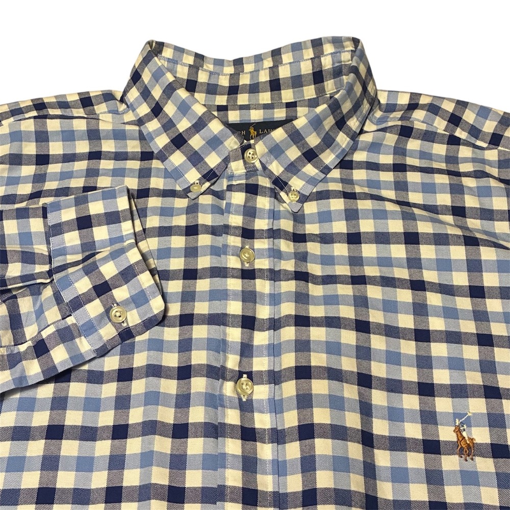 Ralph Lauren Mens 2XLT Gingham Button Down Shirt Blue White Check Long Sleeve